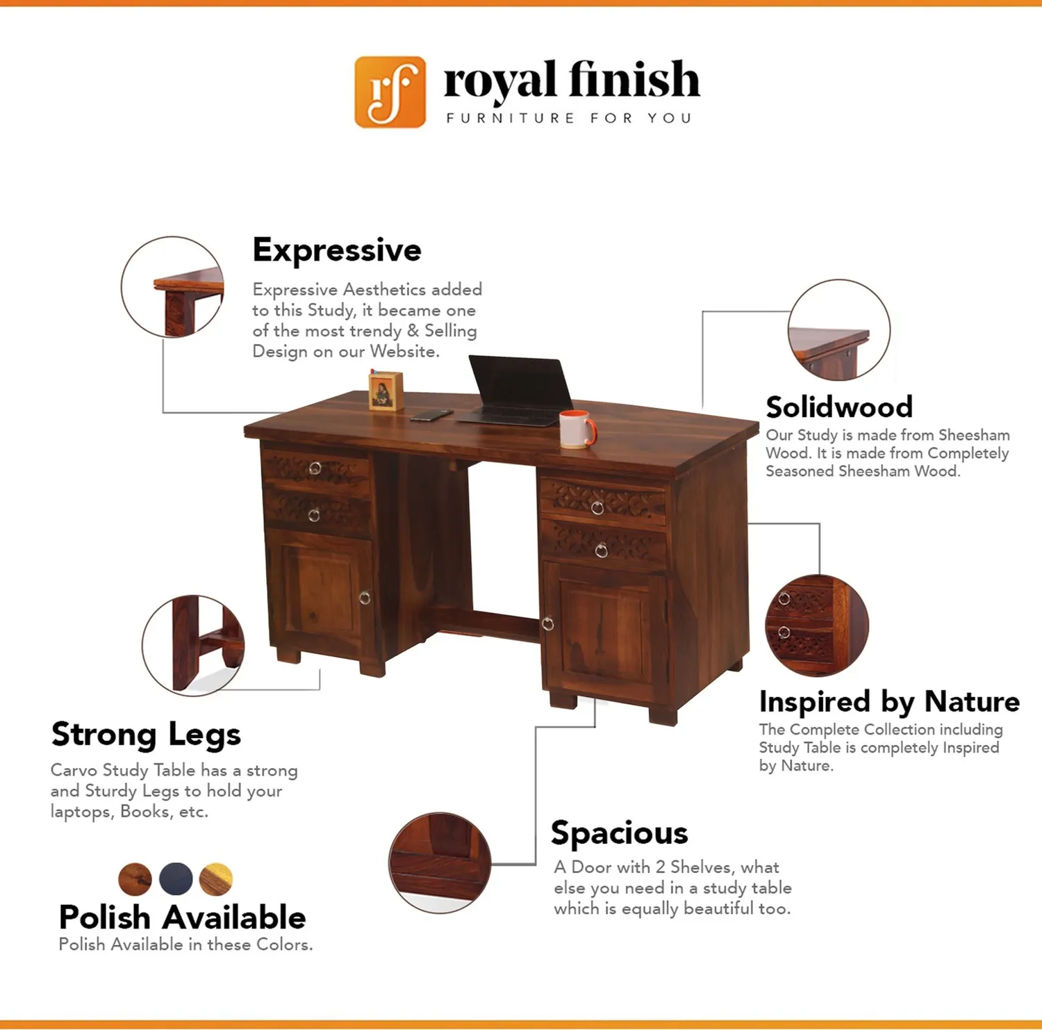 Royal Finish Carvo Workstation In Sheesham Wood With Natural Colour sheesham wood furniture image 2