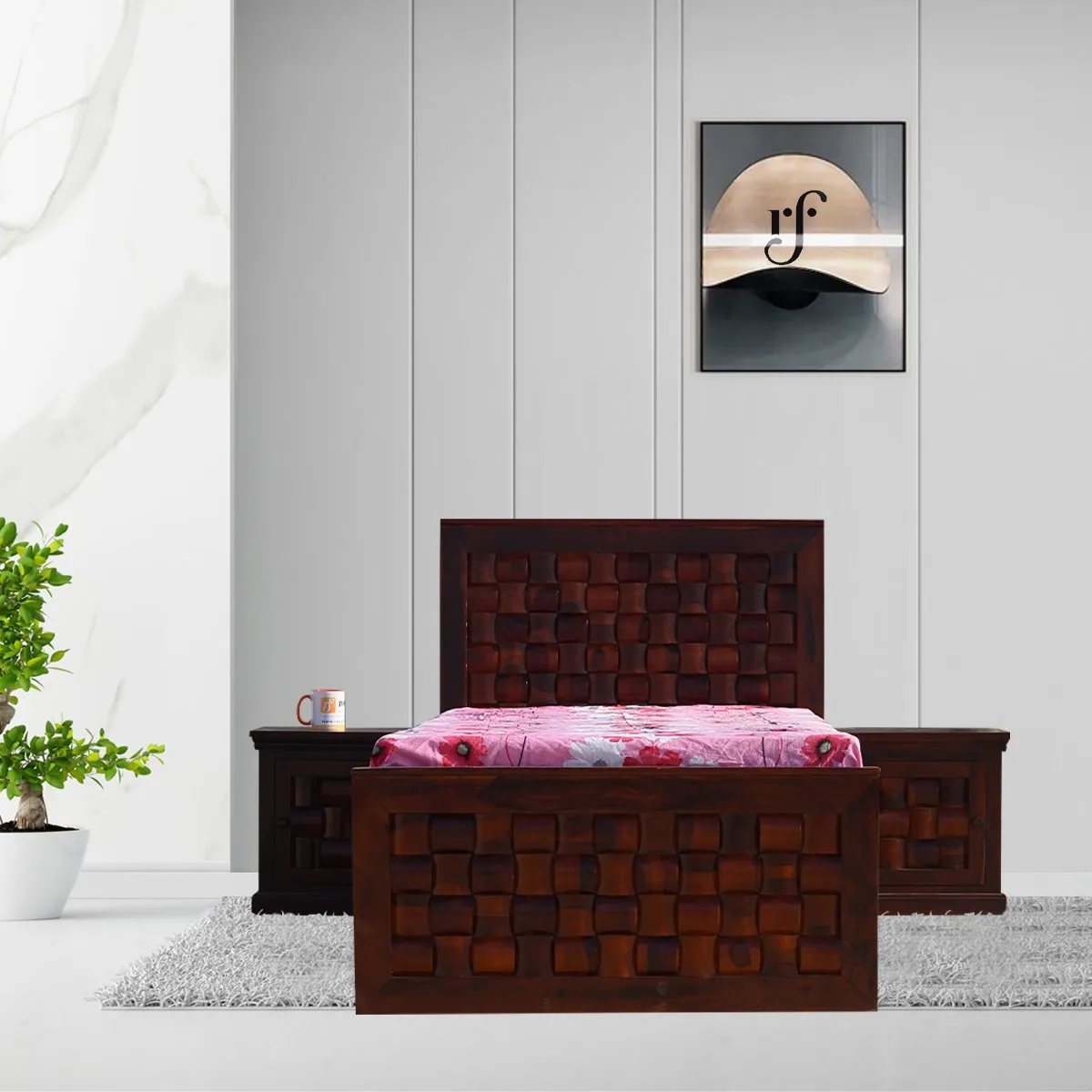 Royal Finish Nivora Single Without Storage Bed With Double Bedside In Sheesham