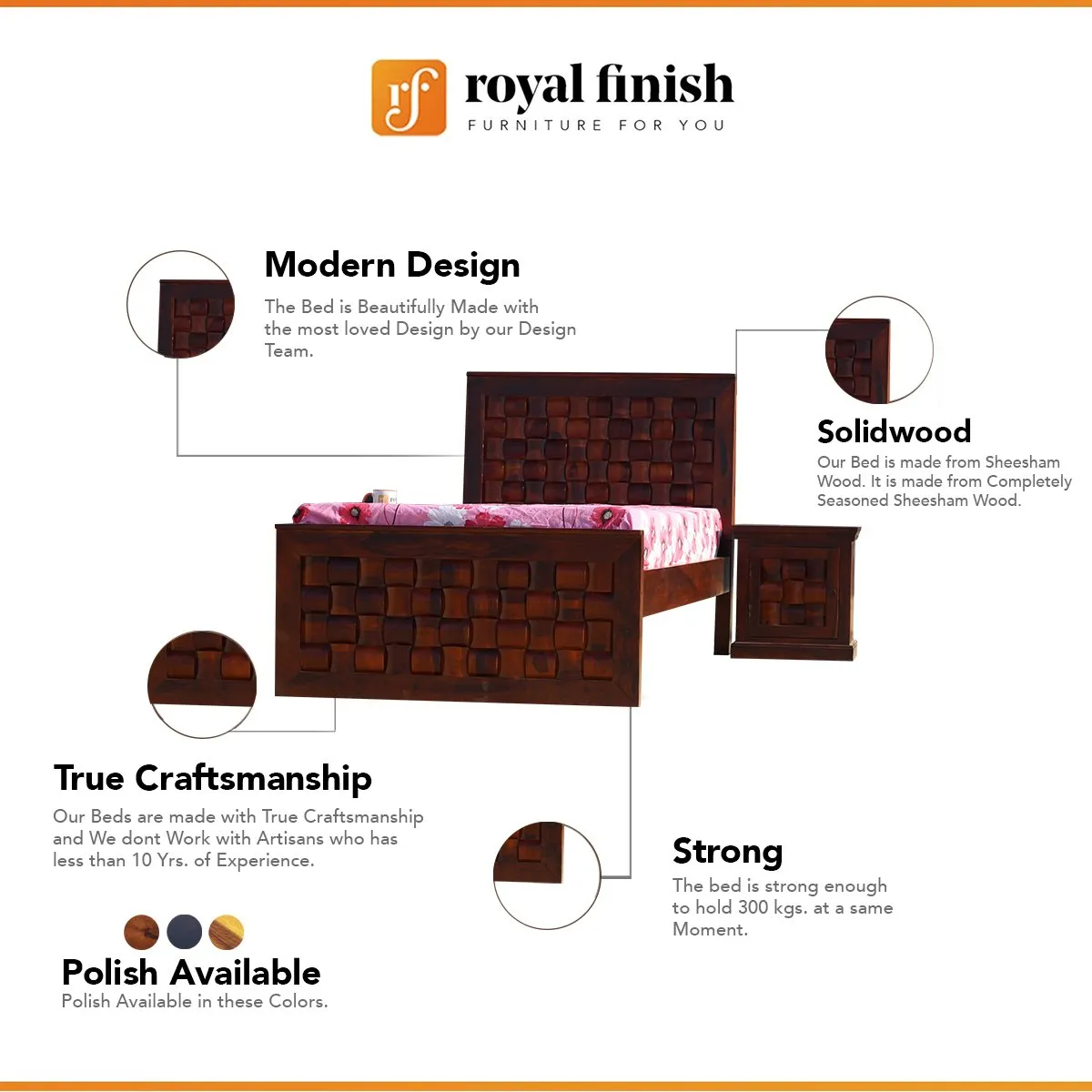 Royal Finish Nivora Single Without Storage Bed With Single Bedside In Shees sheesham wood bed image 2