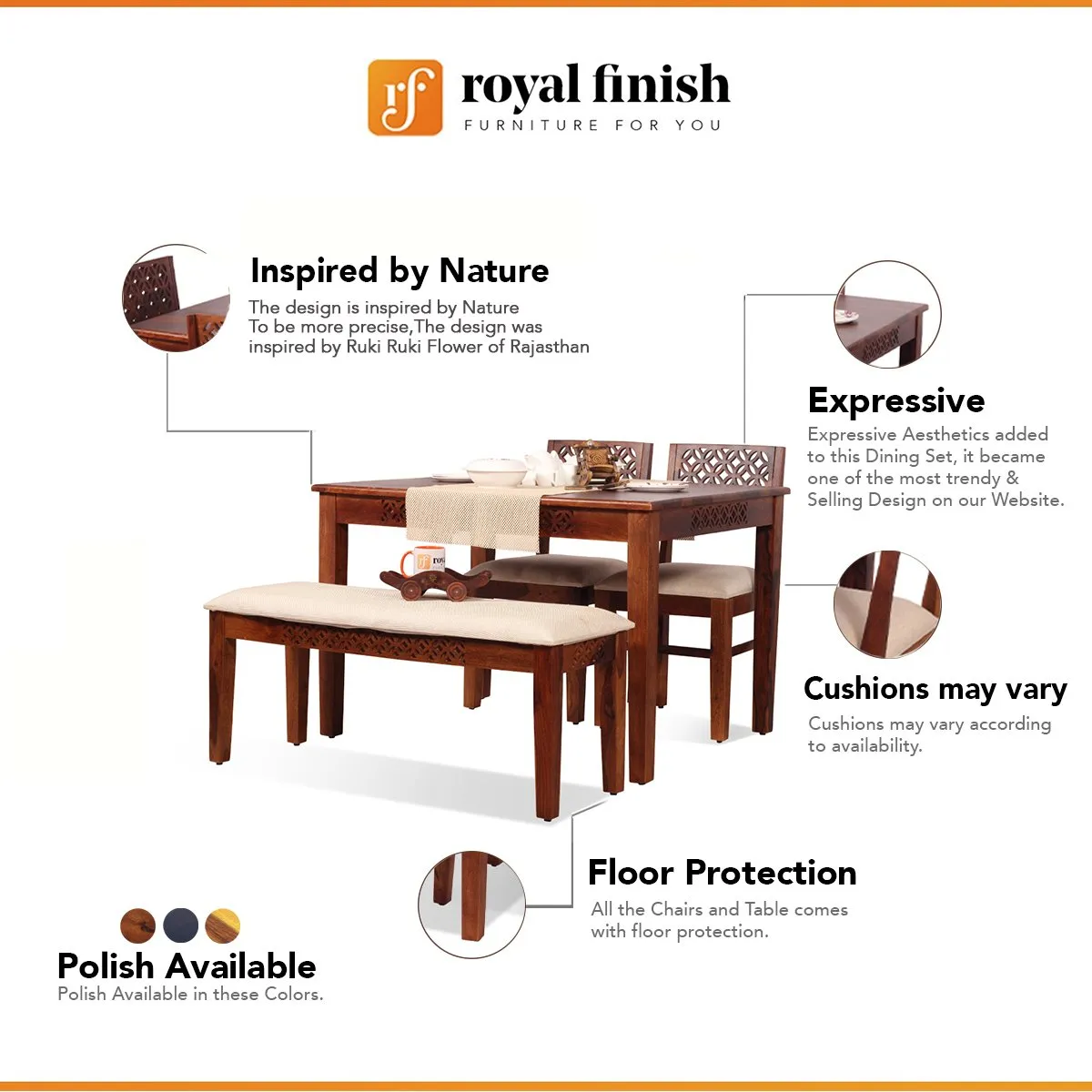 Royal Finish Carvo 2 Chair & 1 Bench Dining Set in Natural Furniture Sheesham sheesham dining table image 2