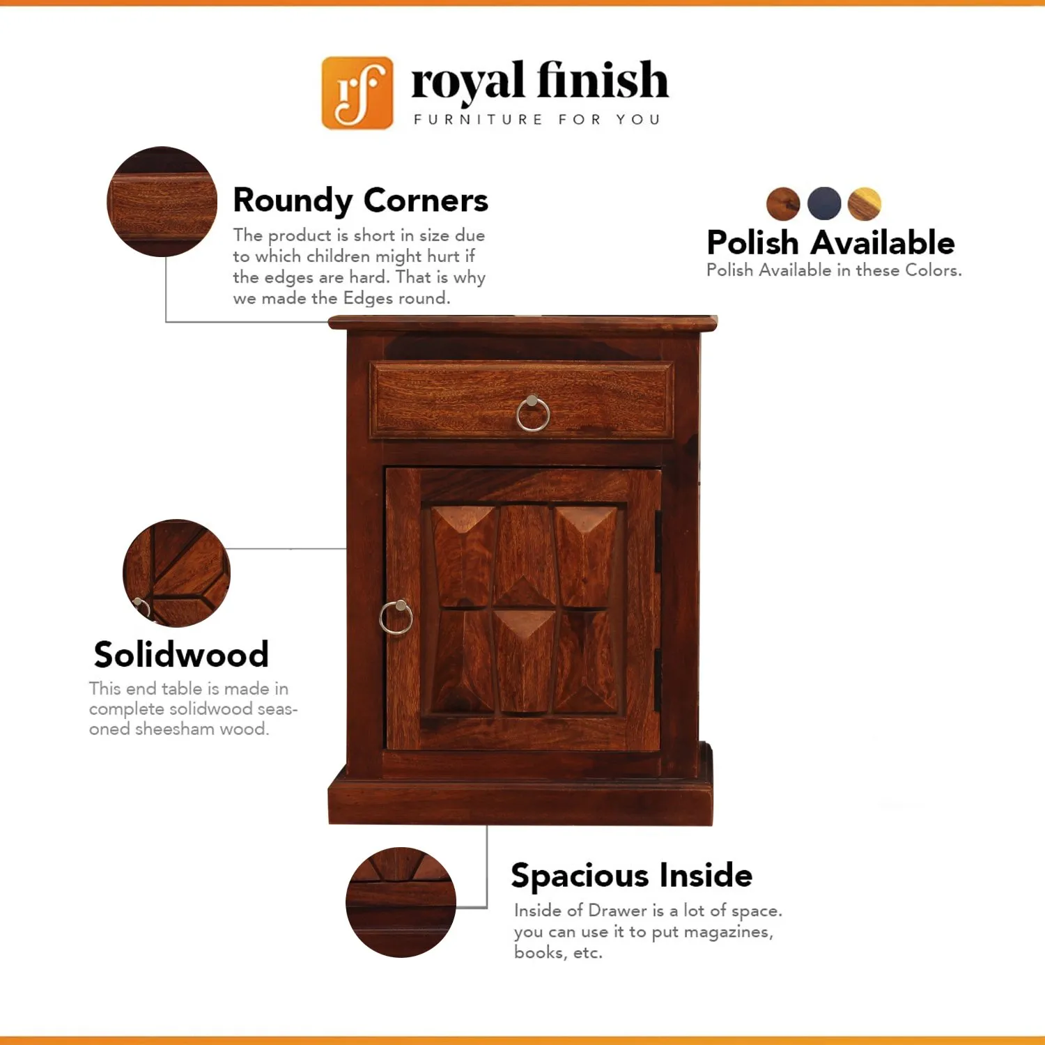 Royal Finish SlumberCraft Bedside Table In Furniture Sheesham Wood In Natural sheesham wood bed image 2