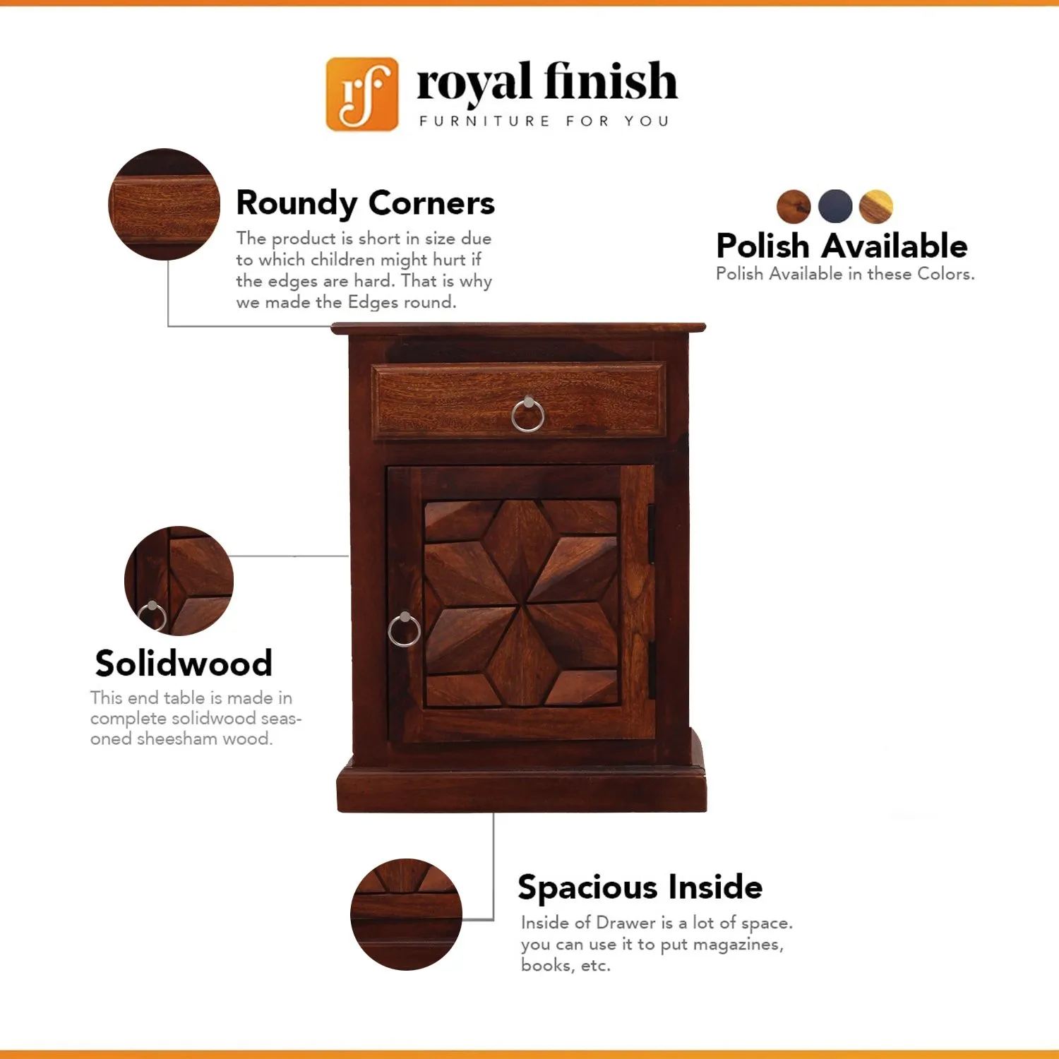 Royal Finish Floresque Bedside Table In Furniture Sheesham Wood In Natural sheesham wood bed image 2