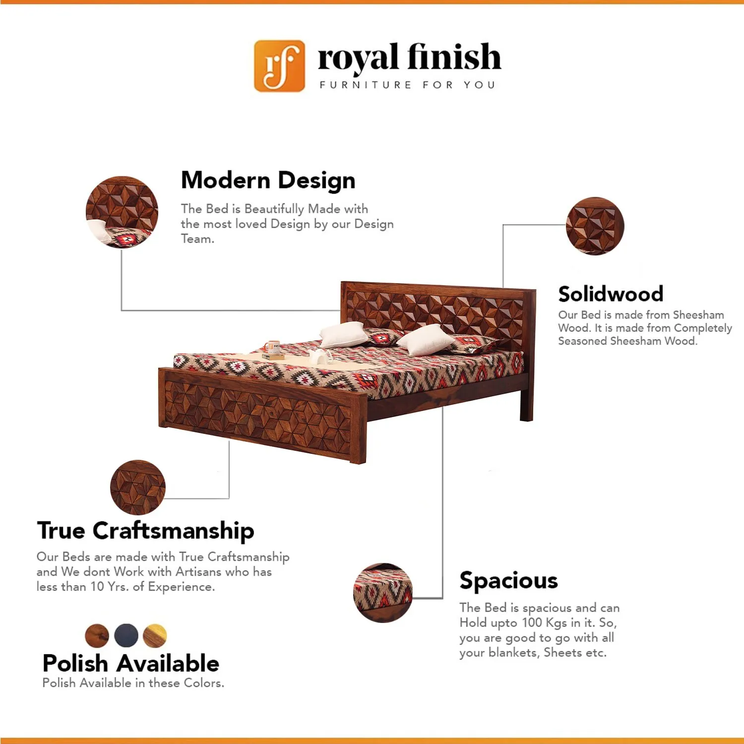 Royal Finish Floresque King Size Bed In Natural Colour With Matte Finished sheesham wood bed image 2
